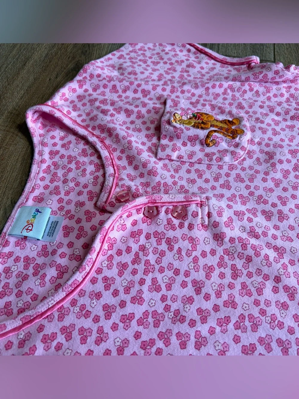 Vintage Disney Store Tigger Pink Floral Henley Kidcore Pajama Nightshirt Dress - Picture 8 of 11